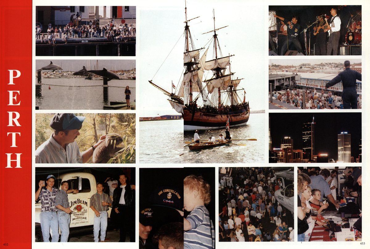 USS Constellation 1994–95 cruise book, page 409 — Connie in Action: photographs and page layout, no machine-readable text