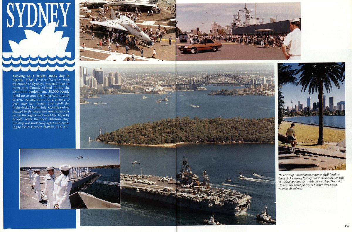 USS Constellation 1994–95 cruise book, page 411 (Connie in Action) — Arriving on a bright, sunny day in April, USS Constellation was welcomed to Sydney, Australia…