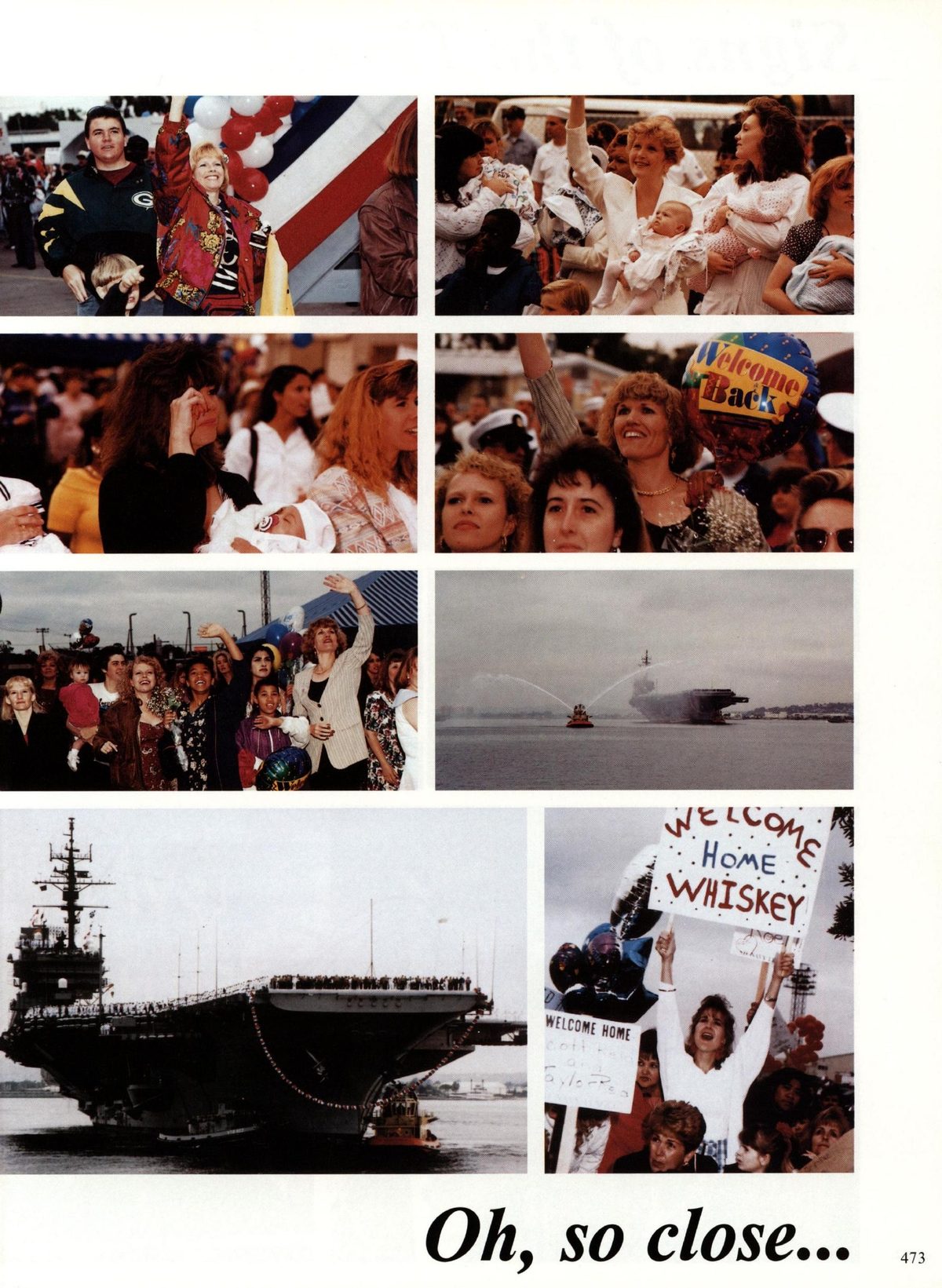 USS Constellation 1994–95 cruise book, page 425 — Welcome Home: photographs and page layout, no machine-readable text